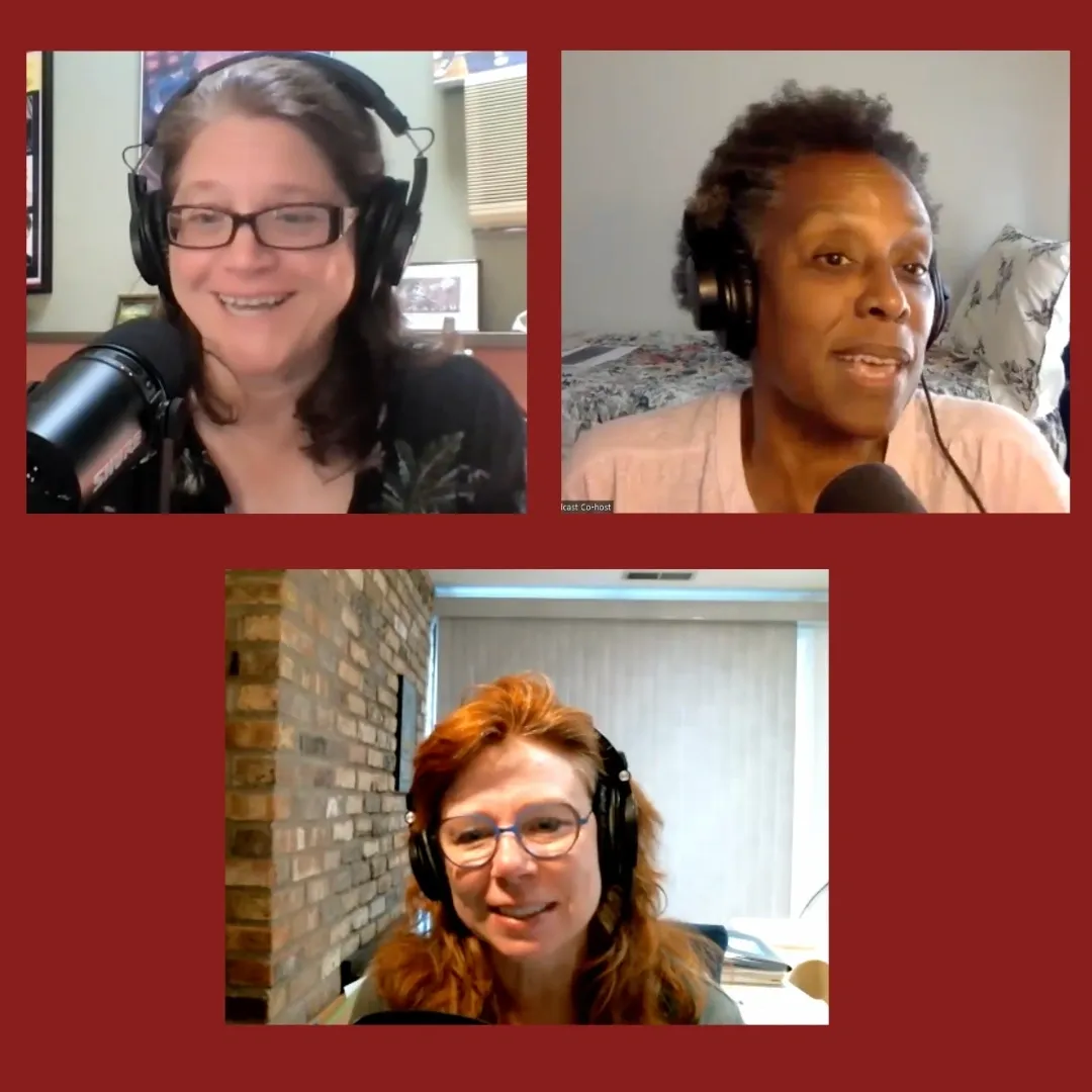 Three people recording a podcast remotely.