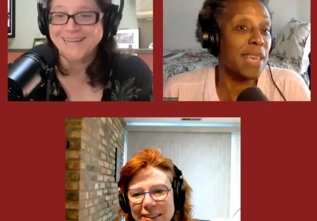 Three people recording a podcast remotely.