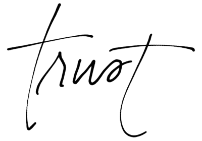 Minimalistic "trust" text in black and white.